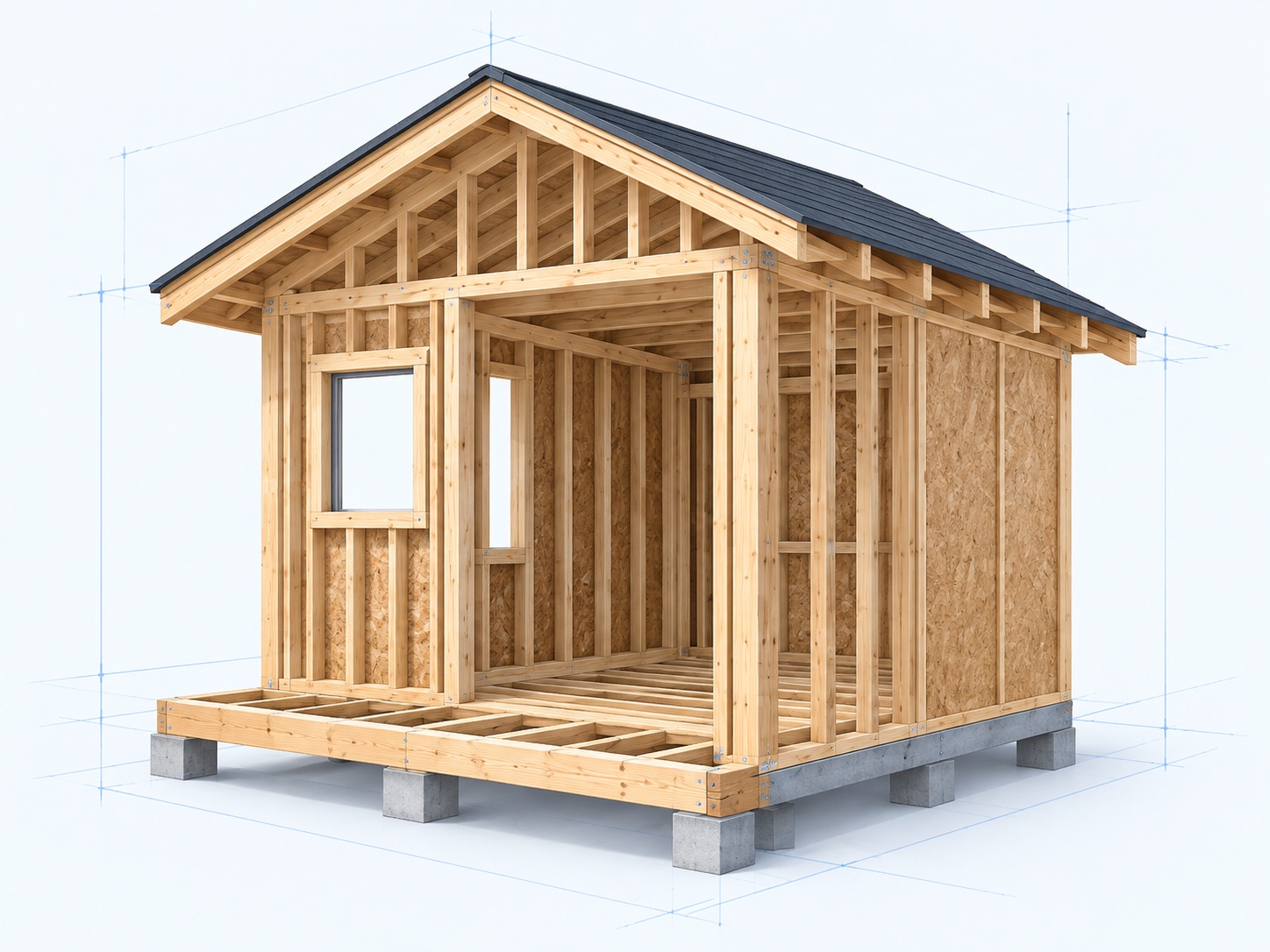 Timber shed concept with exposed wall, floor, and roof framing