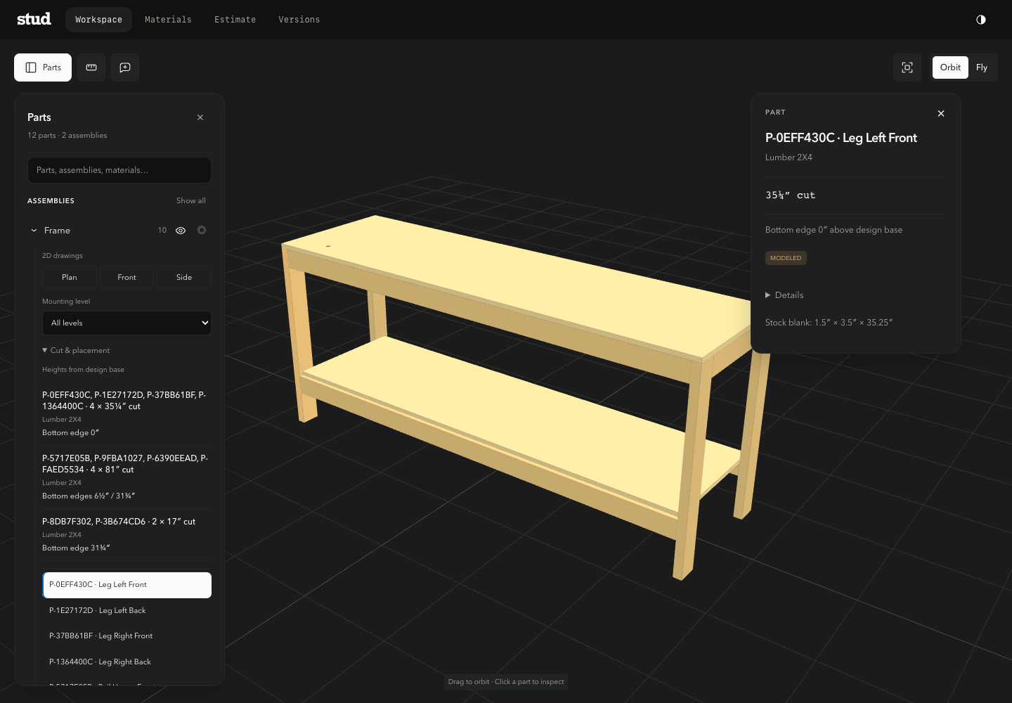 Stud workbench with the parts tree and a selected front leg’s cut dimensions