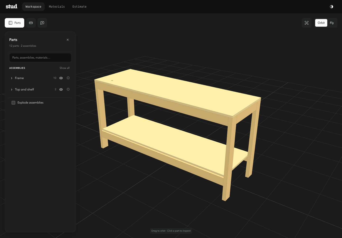 Stud viewer showing a lumber workbench with a plywood top and lower shelf